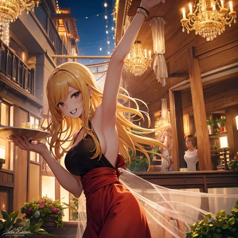 your influencer character(milf with blond hair) with long, dark hair dancing on a beautiful restaurant on the roof top. gorgeous...