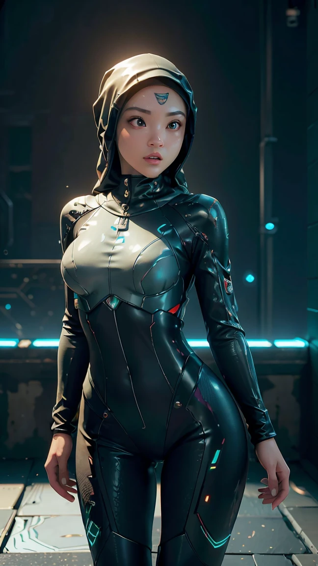 ((Best quality)), ((masterpiece)), (detailed:1.4), 3D, a beautiful cyberpunk female figure with VAIL or HIJAB, (full-coverage electronic leather suit), light particles, pure energy chaos anti-technology, HDR (high dynamic range), ray tracing, NVIDIA RTX, Super-Resolution, Unreal 5, Subsurface scattering,PBR Texturing,Post-processing,Anisotropic Filtering,Depth-of-field,Maximum clarity and sharpness,Multi-layered textures,Albedo and Specular maps,Surface shading, Accurate simulation of light-material interactions, perfect proportions, Octane Render, two-tone lighting, large aperture, low ISO, white balance, rule of thirds, 8K RAW, background in Prambanan Temple Indonesia