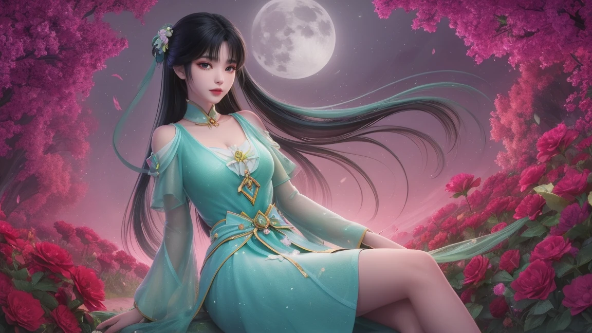 1girl, girl with long black hair, smiling, cheerful, girl is sitting among a wide expanse of flowers, surrounded by beautiful flowers, Calm and peaceful atmosphere, night, moonlight , Beautiful glowing butterflies surround the girl lighting up the darkness of the night, magic,Romantic, the night breeze blows the Sepoi Sepoi girl's hair, 