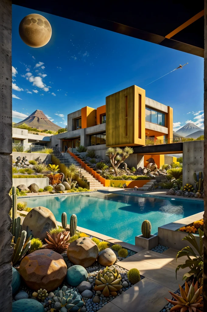 An illustration in collage style, with giant boulders, brutalist building sections, terraces, stairs, cacti, agave, concrete texture, multiple geometric shapes, hatch and cross hatching, planet saturn, volcano, moon, Luis Barragán's architectural style build, milky way galaxy, violet, one motorcycle, An illustration in collage style, with giant boulders, brutalist building sections, stairs, cacti, agave, concrete texture, multiple geometric shapes, hatch and cross hatching, planet saturn, volcano, moon, Luis Barragán's architectural style build, reflective pool, terraces. An elegant and modern build, in top of big boulders, with terraces, materials concrete, wood, steel and crystal, various gardens with tropical vegetation, cacti and rocks, stairs, a pool. In middle of sea, a big wave near, sunset, mountains and a volcano in the horizont, cute islands around, illustration format, cute color palette, detailed, masterpiece, award-winning work, clouds, Illustration, a garden with abundant cacti, ((various organic sculptures)), ((big rocks)), (((multiple sections))), collage style, detailed, (((color palette (olive green), (Mustard orange), cool grey, ((blue)), black and white))), (((a lot Luis barragán's architecture style builds))) big clouds, volcano in horizon, stairs, in the desert. ((masterpiece, best quality)),illustration,ultra detailed 8k, ((Ori Toor visual style)),soviet, megabuildings, megastructures, buildings, organic steel sculpture