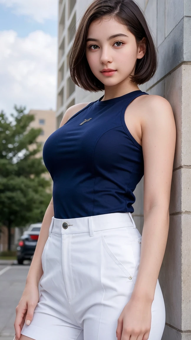 ((Highest quality)), Realistic, Photorealism, Realistic, High resolution, A girl in an army uniform,Photo taken in front of the building, beautiful, Baby Face, 20-year-old, White skin, 青White skin, Exposing Skin, Large Breasts, , Looking into the camera, (Detailed face), short hair,   The fabric color is dark blue with a purple base., bright