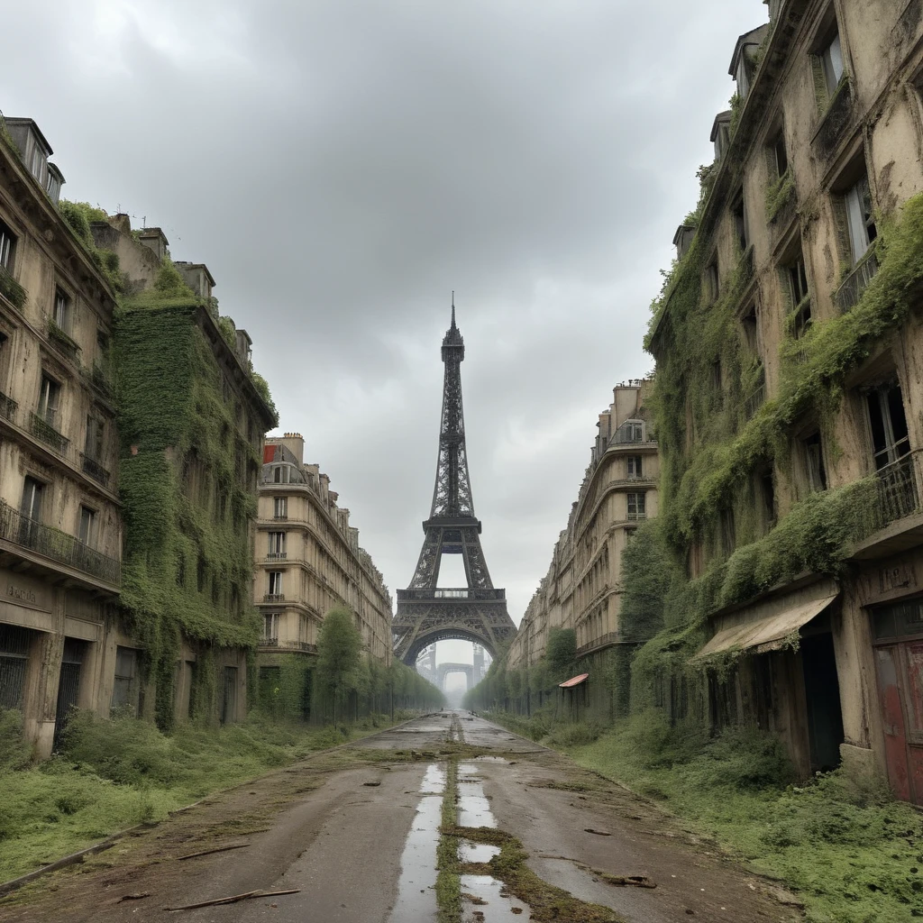 Szenario: To Eiffel Tower in Paris, seit Jahren verlassen, Nachkriegszeit mit vielen Zerstörungen, sehr apokalyptisch. Die Straßen rund um den Eiffelturm sind verlassen und von invasiver Vegetation bedeckt, mit verlassenen und rostigen Autos, die über die Alleen verstreut sind. Umliegende Gebäude werden beschädigt, mit zerbrochenen Fenstern und eingestürzten Fassaden. Der Eiffelturm ist teilweise mit Moos und Efeu bedeckt, mit einigen rostigen und beschädigten Metallteilen. Ein dichter Nebel hüllt das gesamte Gebiet ein, und der Himmel ist immer bewölkt, Schafft eine dunkle und trostlose Atmosphäre. Das Tageslicht ist schwach und diffus, durchdringt den Nebel und hebt die verfallende Pracht des Eiffelturms und der umliegenden Gebiete inmitten der Zerstörung hervor.