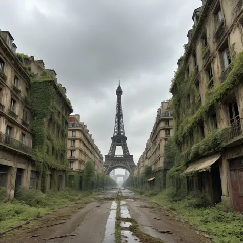 scenario: To Eiffel Tower in Paris, abandoned for years, post-war with much destruction, very apocalyptic. The streets around th...
