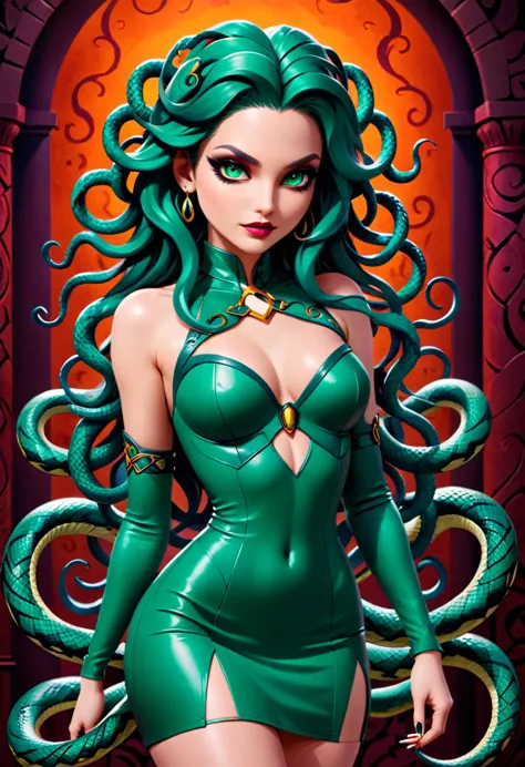 dark fantasy art a medusa having snake twin tails, a most beautiful medusa, reptilian eyes, pale skin, having twin tails, ((twin...