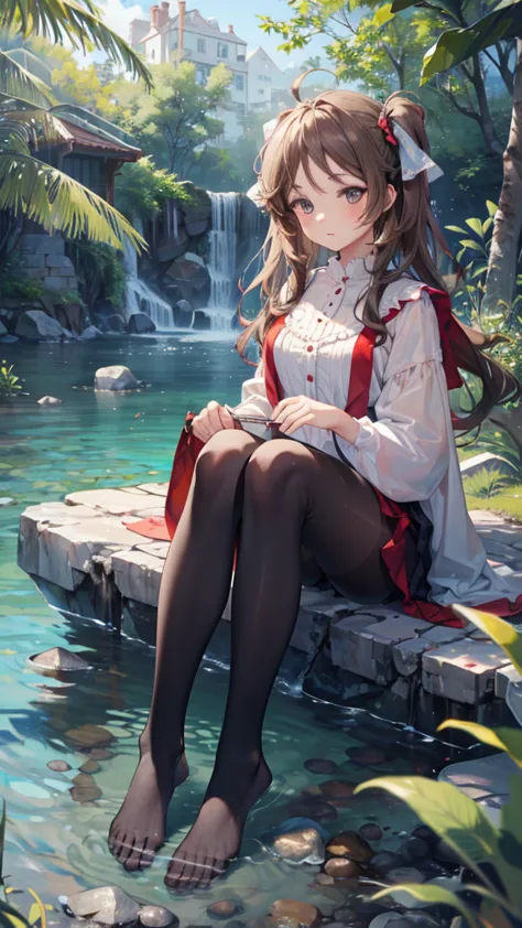 (extremely refined:1.5),1 girl, sitting in water， foot washing，pantyhose，no shoes，trumpet