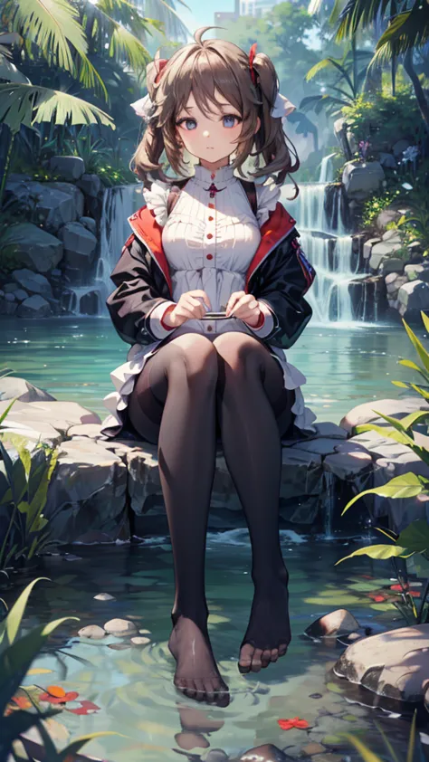 (extremely refined:1.5),1 girl, sitting in water， foot washing，pantyhose，no shoes，trumpet