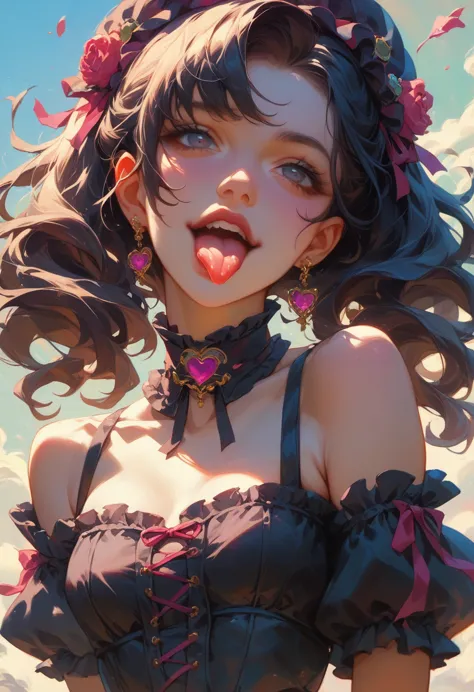 Black twin tails、Wear a black off-the-shoulder Lolita chiffon blouse、Wear a black steampunk corset、Sticking out tongue、girl、The ...