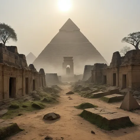 scenario: the pyramids of giza, abandoned for years, post-war with lots of destruction and chaos, something apocalyptic. the pyr...