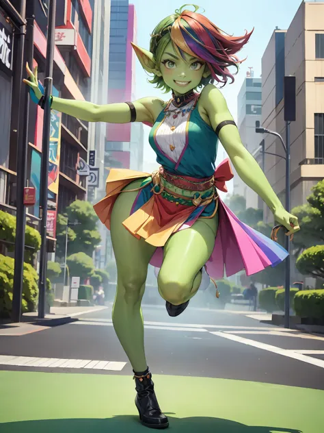 1 girl, short hair, green goblin girl, green skin, small pointy ears, ((rainbow hair)), very fashionable clothes, smiling, full ...