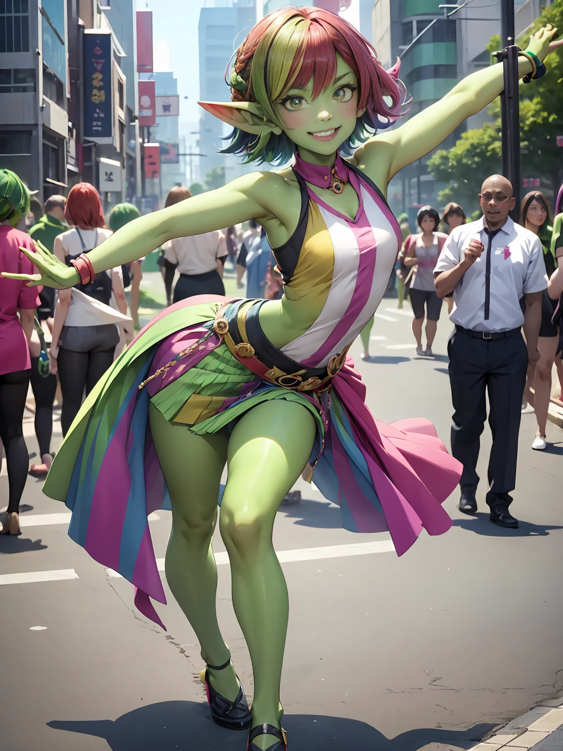 1 girl, short hair, green goblin girl, green skin, small pointy ears, ((rainbow hair)), very fashionable clothes, smiling, full body, outdoors in tokyo, performing a tiktok dance in the streets of tokyo, daytime, dynamic pose, cinematic still, action shot, action pose, dancing, dancer, having fun