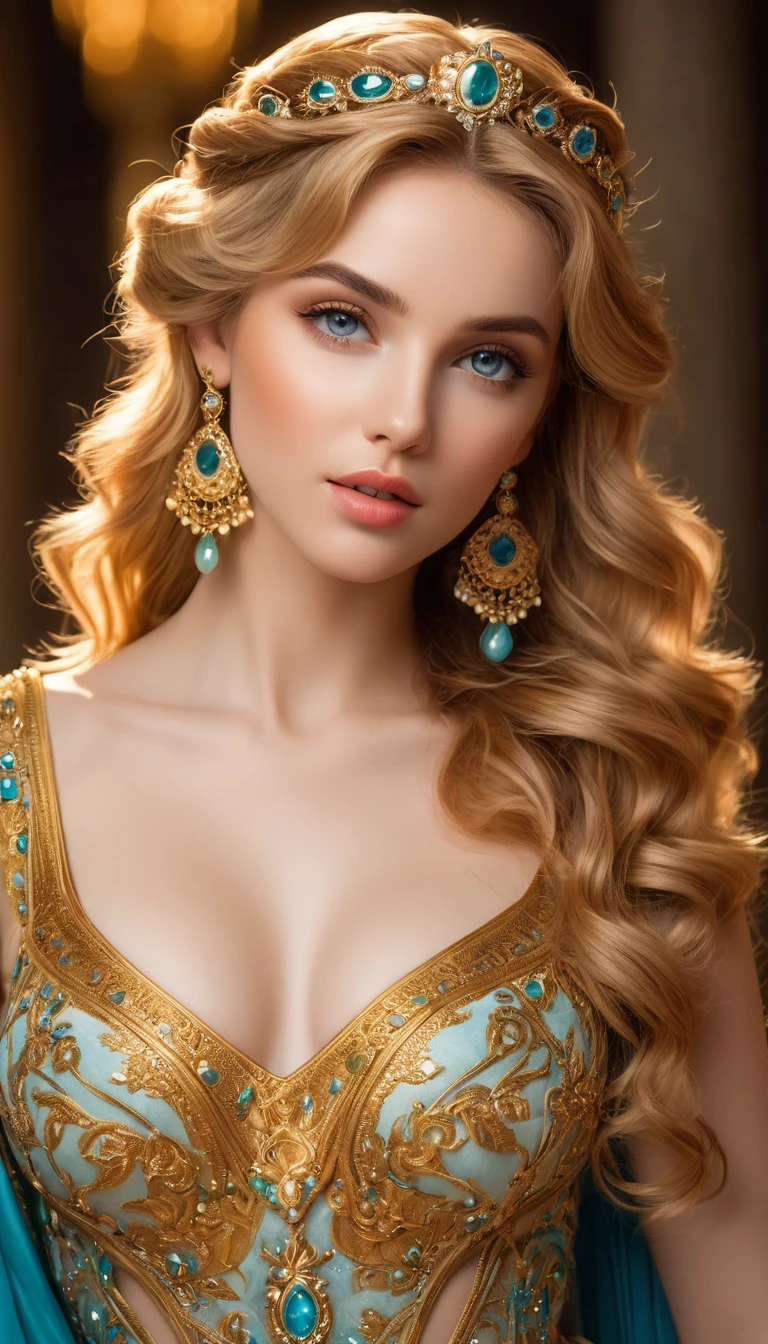 (best quality,4k,8k,highres,masterpiece:1.2), ultra-detailed, (realistic,photorealistic,photo-realistic:1.37), portraits, HDR, Greek mythology, beautiful goddess Venus portrait, perfect DNA, detailed eyes, detailed lips, stunning beauty, flowing golden hair, nude, perfect body, perfect nude, graceful pose, enchanting gaze, vibrant colors, soft lighting.(NSFW:1.4) ela está no palácio