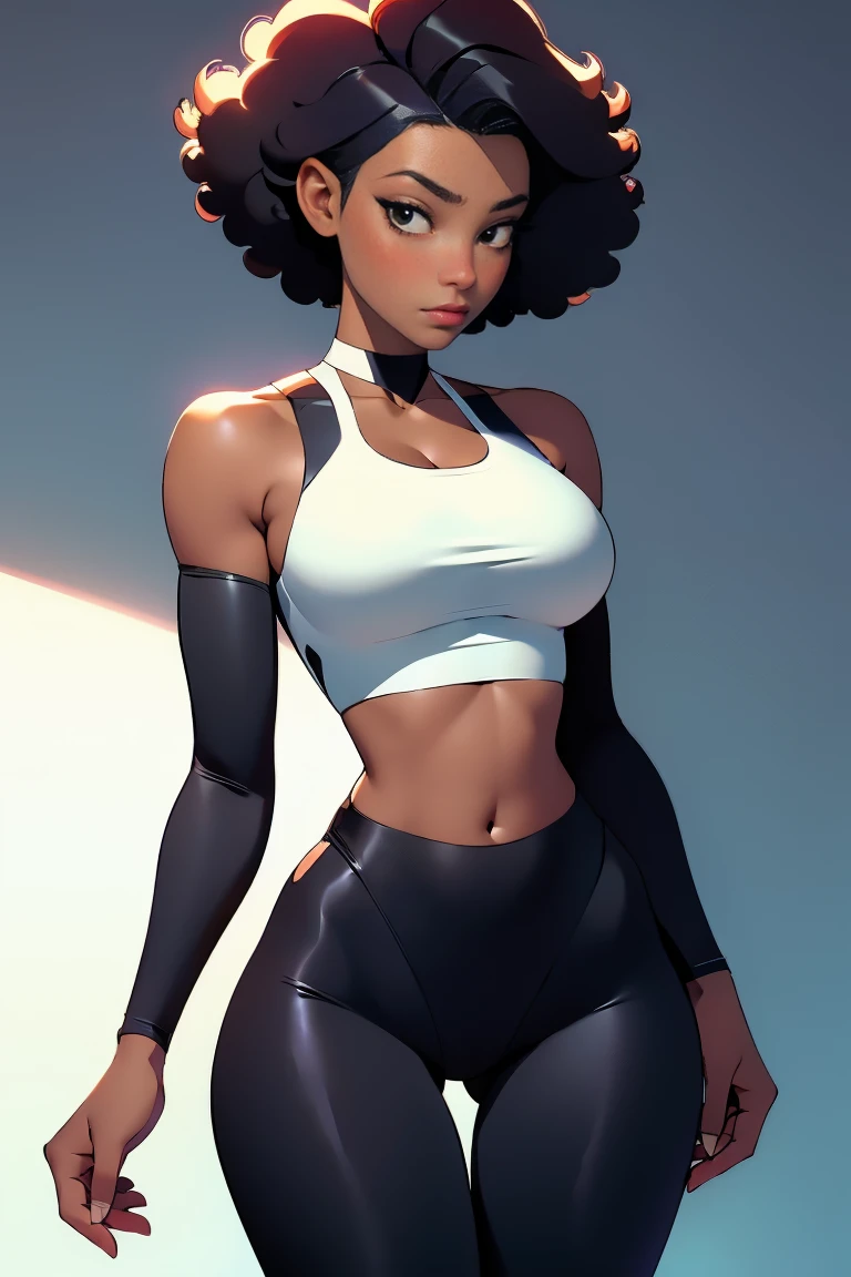 afro american girl, dark skin, behind view, afro haircut, 1 girl, solo, (black leggins) (crop tank top, cleavage), sleveless, medium perky , wide hips
