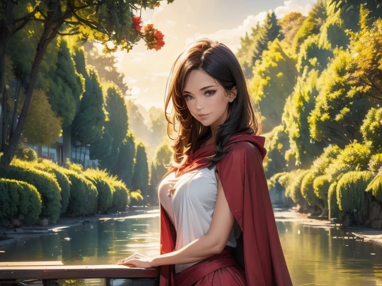 an illustration of a fairy with a beautiful red cape, 1girl, forest, soil, hood, nature, looking at the viewer, red eyes, red hood, colorful hair, hooded cape, tree, short dress, cape, shine, fantasy, Intricate, elegant, highly detailed digital painting. In the background, a boat on a river. The boat is made of wood and has a dark brown hull. He sails on a calm and narrow river, surrounded by trees and flowers. The trees are tall and leafy, with bright green leaves. The flowers are colorful and varied and are scattered along the banks of the river. In the foreground of the painting we can see the bow of the boat. The boat sails towards the viewer and the water is calm and reflective.
