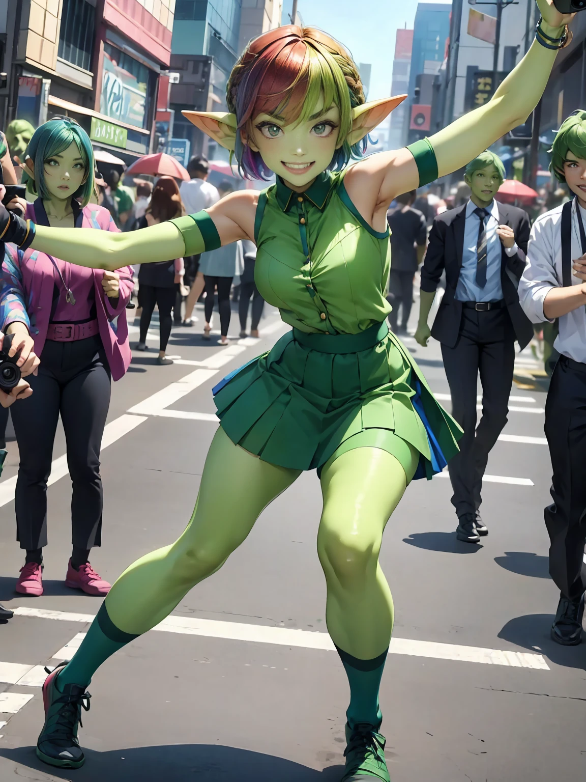 1 girl, short hair, green goblin girl, green skin, small pointy ears, ((rainbow hair)), very fashionable skirt and shirt, wearing knee-socks, smiling, full body, outdoors in tokyo, performing a tiktok dance in the streets of tokyo, daytime, dynamic pose, cinematic still, action shot, action pose, dancing, dancer, having fun, being recorded by multiple people with cameraphones, center of attention