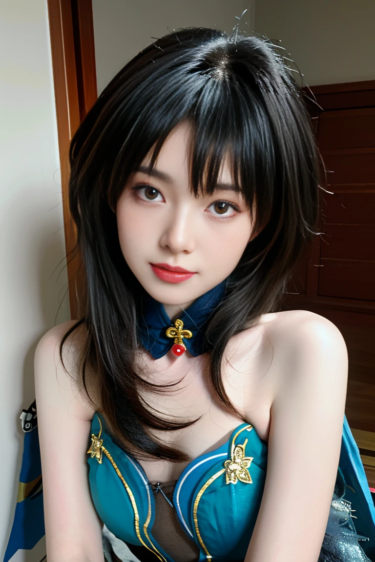 best quality, tmasterpiece,Ultra-high resolution,Clear face,（Reality：1.4），ferpect lighting，upper body photo:1.3), (photorealistic:1.50), anime wallpaper, Guviz style artwork, cover-up fantasy up to magic , by Yang J, Guviz, beautiful artwork illustration, beautiful digital artwork, beautiful digital illustration, Li Song, beautiful anime portrait, art style in Beauvot, 1girl, solo, looking at viewer, smiling, closed mouth, bangs, hair between eyes, RUANMEI cosplay costume, chinese dress, chinese clothing, cosplay, RUANMEI, dress, gloves, elbow gloves, hair decoration, jewelry, high heels, indoor, In the room,  Hallway, Door,