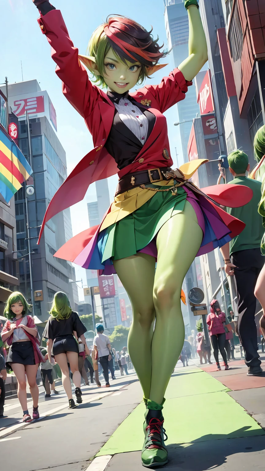 1 girl, short hair, green goblin girl, green skin, small pointy ears, ((rainbow hair)), very fashionable rainbow skirt and red vest, wearing rainbow knee-socks, smiling, full body, outdoors in tokyo, performing a tiktok dance in the streets of tokyo, daytime, dynamic pose, cinematic still, action shot, action pose, dancing, dancer, having fun, being recorded by multiple people with cameraphones, center of attention