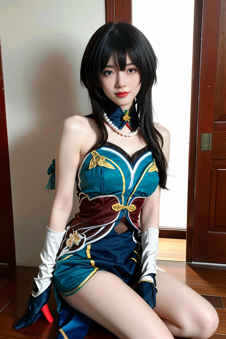 best quality, tmasterpiece,Ultra-high resolution,Clear face,（Reality：1.4），ferpect lighting，upper body photo:1.3), (photorealistic:1.50), anime wallpaper, Guviz style artwork, cover-up fantasy up to magic , by Yang J, Guviz, beautiful artwork illustration, beautiful digital artwork, beautiful digital illustration, Li Song, beautiful anime portrait, art style in Beauvot, 1girl, 独奏, looking at viewer, smiling, closed mouth, bangs, hair between eyes, RUANMEI cosplay costume, chinese dress, chinese clothing, cosplay, RUANMEI, dress, gloves, elbow gloves, hair decoration, jewelry, high heels, indoor, In the room,  Hallway, Door,