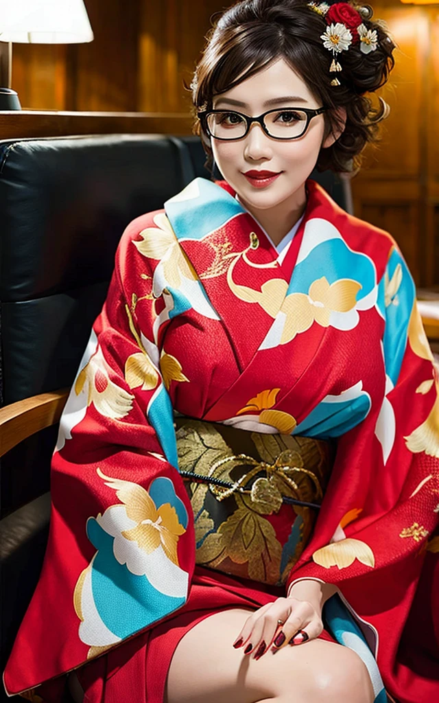 ((Best Quality, 8k, masterpiece, best quality)), (one milf, sitting office chair), ((portrait:1.5)), kimono, thick thigh:1.2, makeup, erotic, glasses, ((seduction expression, smile:0.1)), black background,