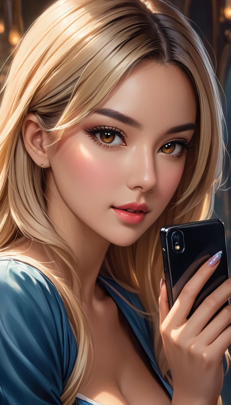 um close de uma mulher com longos cabelos loiros segurando um telefone celular, inspirado em Magali Villeneuve, retrato de arte de fantasia, retrato de fantasia art, detailed matte retrato de fantasia, alice x. zhang, retrato de fantasia, epic retrato de arte de fantasia, beautiful retrato de arte de fantasia, Magali Villeneuve&#39;, artista gráfica Magali Villeneuve, retrato de gênero de fantasia, Estilo de arte digital de fantasia épica