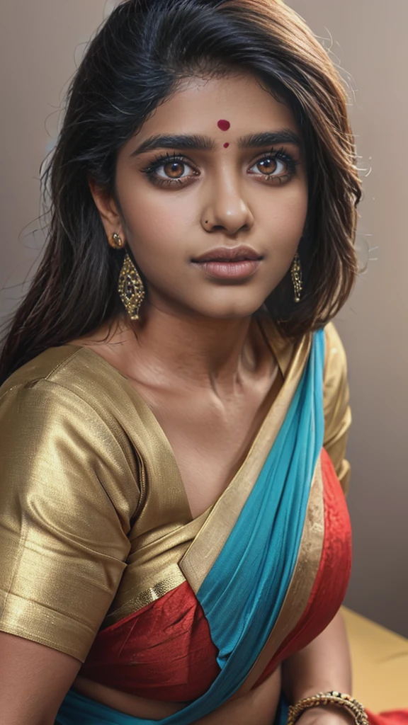 22 year old indian woman, tall, bright eyes, big lips, huge breasts, detailed anatomy, realistic, beautiful detailed eyes, beautiful detailed lips, extremely detailed face, longeyelashes, elegant pose, photorealistic, 8k, highres, masterpiece, ultra-detailed, physically-based rendering, vivid colors, studio lighting,  hot saree ,