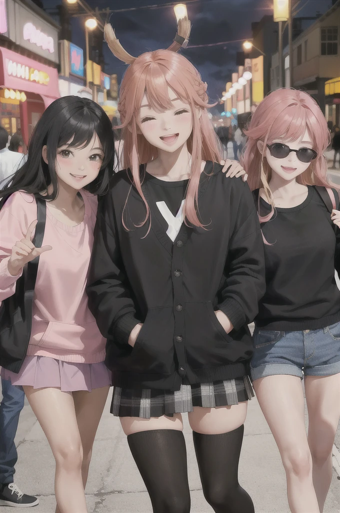 absurdres, best quality, 1girl, solo, looking at viewer, eye focus,  LucoaDM, CasualCL, Extoverted girl,wearing magical girl pink ,smiling very happy,long hair with bangs,black hair,layered hair,out with friends,friend selfie,1 friend long red hair, 2 friend medium blonde hair,3 friend short ginger hair,4 friend african american dark skin black skin, in arcade,4 girls,long pink skirt,oink cardigan,laughing,eyes closed,smiling with teeth,