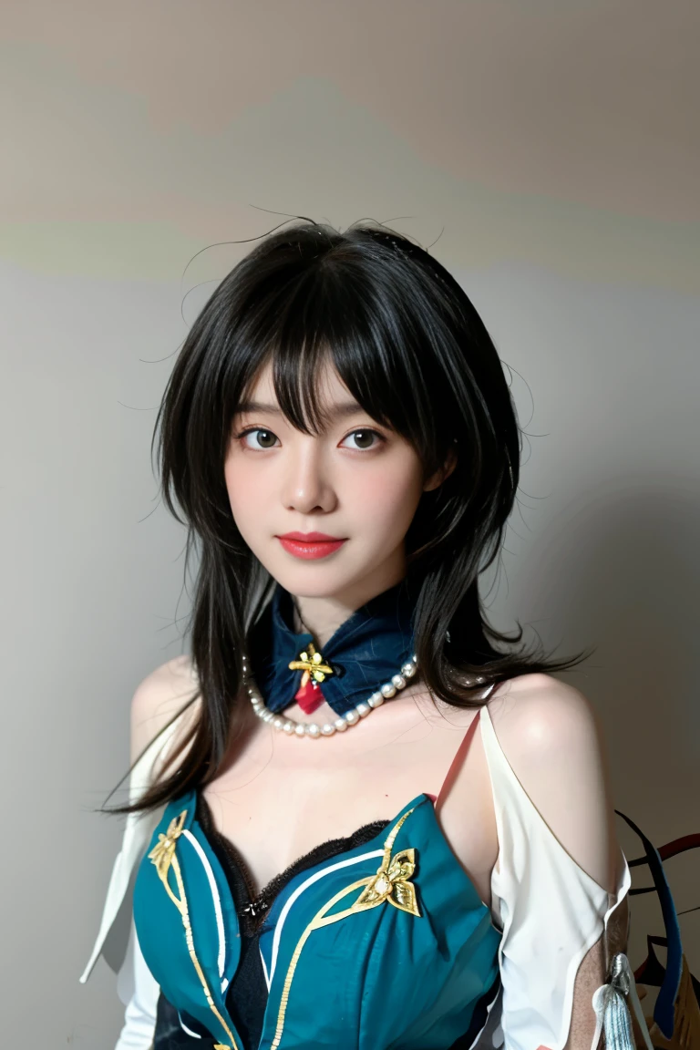 best quality, tmasterpiece,Ultra-high resolution,Clear face,（Reality：1.4），ferpect lighting，upper body photo:1.3), (photorealistic:1.50), anime wallpaper, Guviz style artwork, cover-up fantasy up to magic , by Yang J, Guviz, beautiful artwork illustration, beautiful digital artwork, beautiful digital illustration, Li Song, beautiful anime portrait, art style in Beauvot, 1girl, solo, looking at viewer, smiling, closed mouth, bangs, hair between eyes, RUANMEI cosplay costume, chinese dress, chinese clothing, cosplay, RUANMEI, dress, gloves, elbow gloves, hair decoration, jewelry, high heels, indoor, In the room,  Hallway, Door,