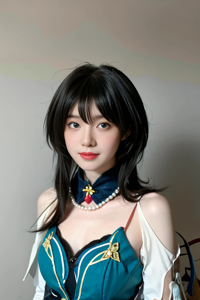 best quality, tmasterpiece,Ultra-high resolution,Clear face,（Reality：1.4），ferpect lighting，upper body photo:1.3), (photorealistic:1.50), anime wallpaper, Guviz style artwork, cover-up fantasy up to magic , by Yang J, Guviz, beautiful artwork illustration, beautiful digital artwork, beautiful digital illustration, Li Song, beautiful anime portrait, art style in Beauvot, 1girl, 独奏, looking at viewer, smiling, closed mouth, bangs, hair between eyes, RUANMEI cosplay costume, chinese dress, chinese clothing, cosplay, RUANMEI, dress, gloves, elbow gloves, hair decoration, jewelry, high heels, indoor, In the room,  Hallway, Door,