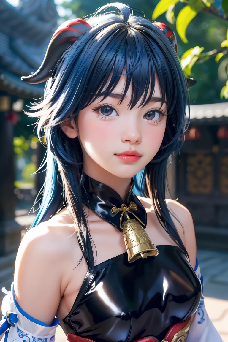 (photorealistic:1.4), (masterpiece, sidelighting, finely detailed beautiful eyes: 1.2), masterpiece*portrait, realistic, 3d face, 
ganyu \(genshin impact\), 1girl, ahoge, architecture, bangs, bare shoulders, bell, black gloves, black pantyhose, (blue hair), blush, breasts, chinese knot, detached sleeves, flower knot, gloves, horns, long hair, looking at viewer, medium breasts, neck bell
 