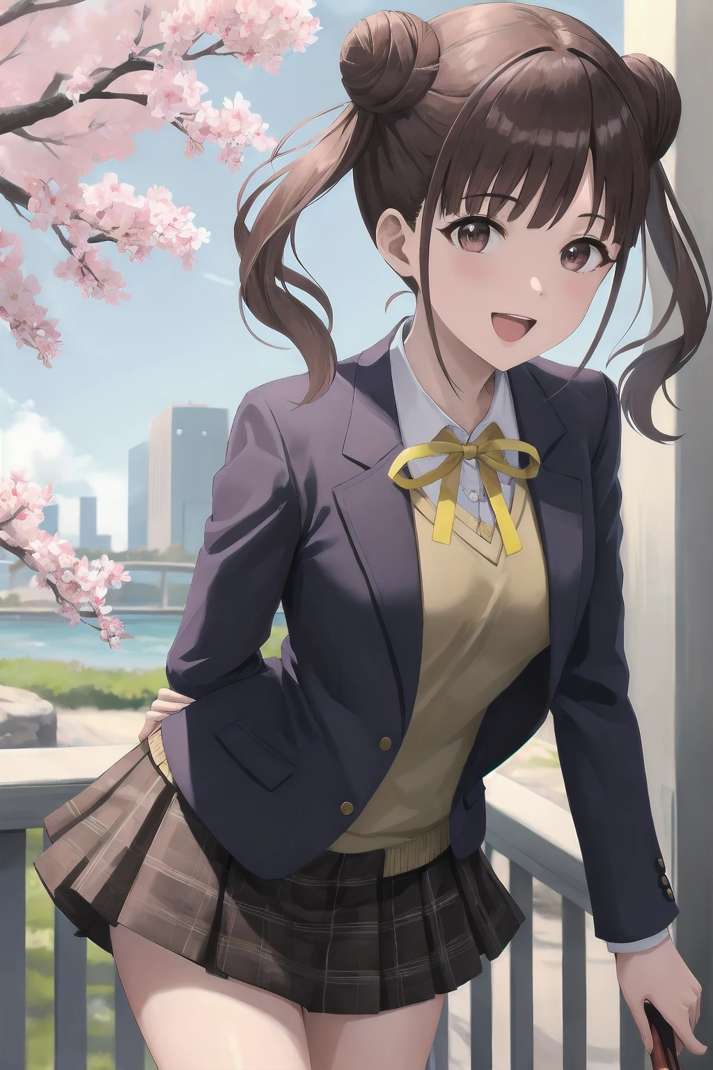 masterpiece, best quality, highres, 8k, (ultra-detailed eyes:1.1), 
aachiyoko, 17 years old, double bun, twintails, 
neck ribbon, yellow ribbon, collared shirt, sweater vest, blazer, black jacket, open clothes, long sleeves, plaid skirt, brown skirt, 

outdoor, cherry blossoms, 
smile, leaning forward, standing, cowboy shot, open mouth, arms behind back,