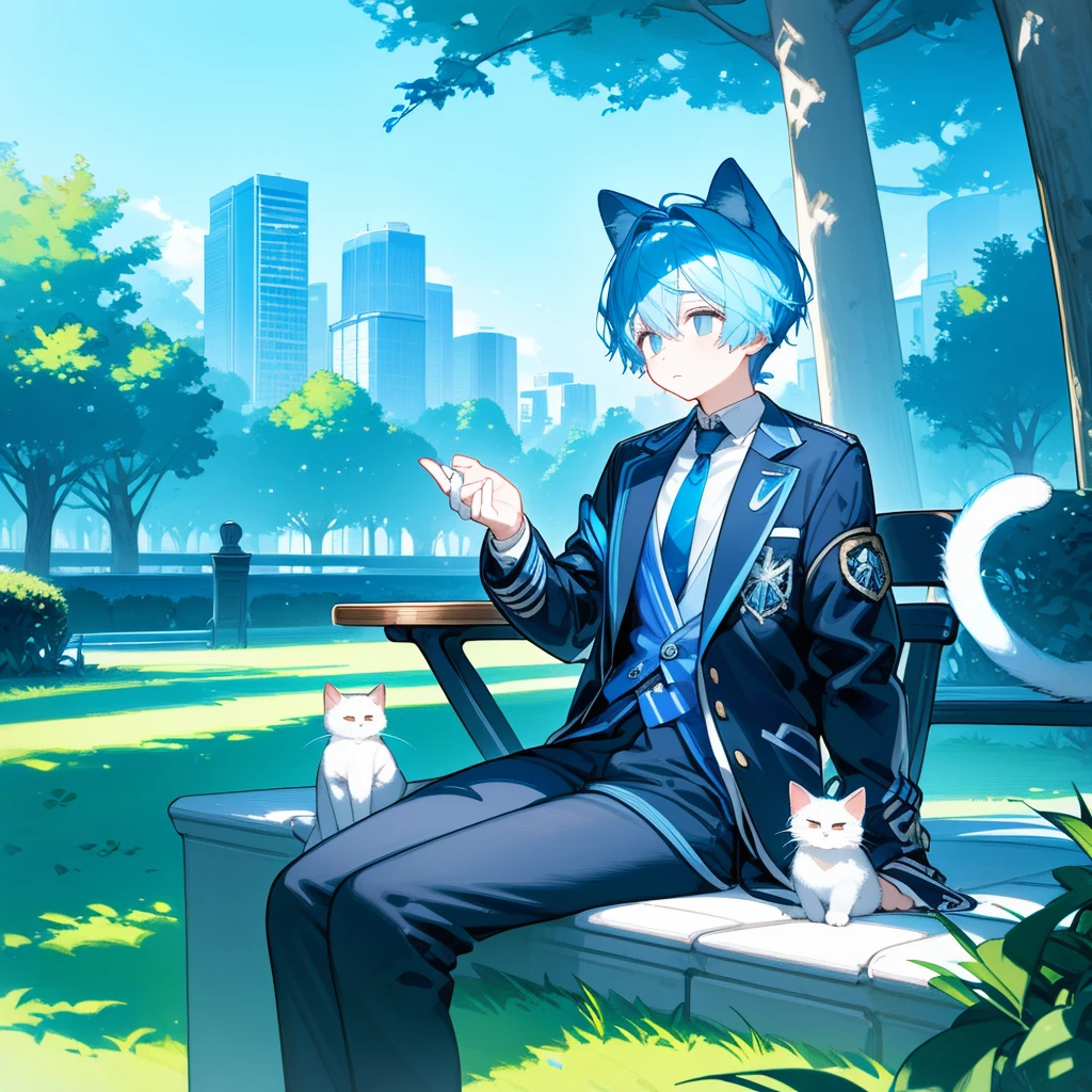 a cat man, short white and blue hair, wearing a black jacket and tie, sitting in the park