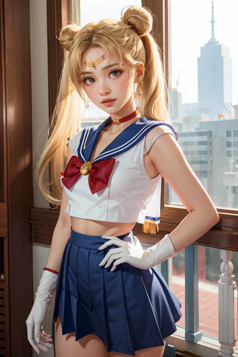 masterpiece, best quality, sailor moon,1girl, long hair,jewelry, sailor senshi uniform, blue sailor collar,blonde hair, red choker,white gloves, twintails, red bow, blue skirt, blue eyes, hair bun,