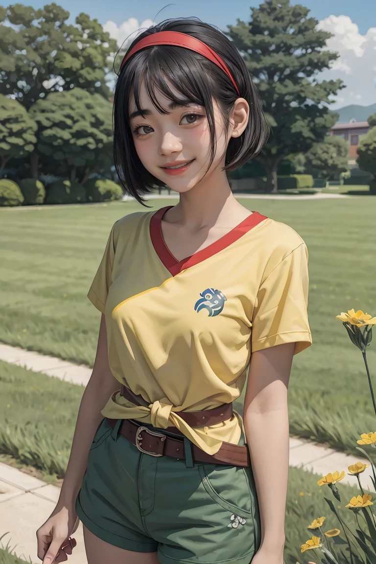 masterpiece, best quality, high resolution, serene 1, 1 girl, serene 1, 1 girl, serene (pokemon), solo, gray eyes, black hair, green shorts, red tiara, shirt, tied shirt,, short hair, short sleeves, shorts, stripes, yellow shirt, belt, middle class shooting, grass, field, smile, standing,