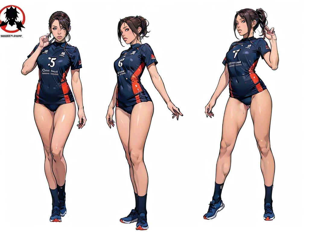 ((masterpiece)),(((best quality))),((character design sheet)), ((full body view)),((vulgar)), illustration,thick thighs,1girl,Great big ,between breasts,pussy juice,wearing an Wet sexual soccer uniform