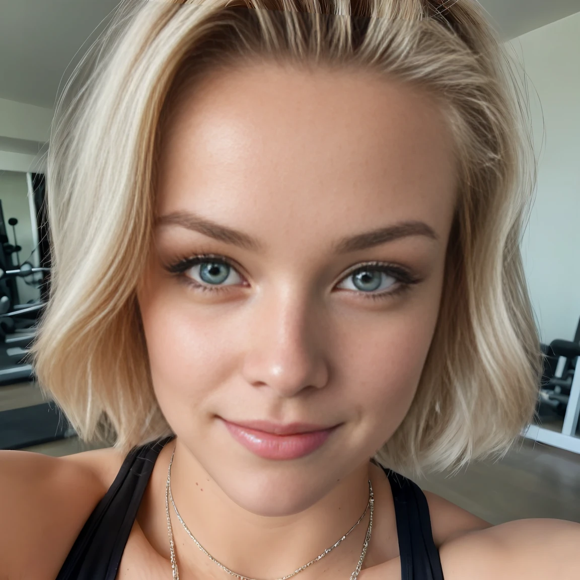 (Selfie, View from the top: 1.4), (straight half of the body: 1.4), RAW uhd photo of a 24 year old blonde (woman with light blue eyes) working out at the gym, whole body , lifting weights in the gym (), (neckleace), detaileds (texturas! , body hair! , sheen, Farbe!! , Disadvantages: 1.1), olhos brilhantes com muitos detaileds (looking at the camera), SLR Lighting, SLR Camera, ultra-quality, sharpening, Depth of field, Film grain (downtown), Fujifilm XT3, clear as crystal, frame downtown, beautiful  face, sharp focus detailed skin pores, greasy skin, sunburn, complex eye detaileds, whole body, breasts big , yoga pants, working out at the gym