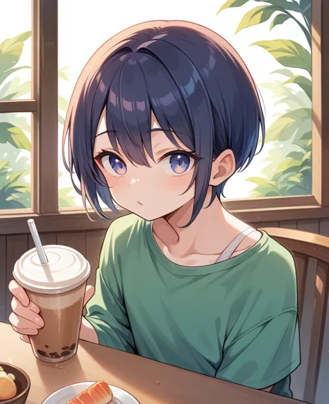 femboy short haired in cafe