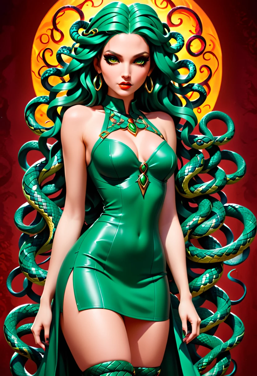 dark fantasy art a medusa having snake twin tails, a most beautiful medusa, reptilian eyes, pale skin, having twin snake braids, (only two braids made from living snakes: 1.3) on the medusa head, she wears intricate leather dress, thigh high heeled boots, modern bar background, dynamic range, vibrant, Ultra-high resolution, High Contrast, (masterpiece:1.5), highest quality, Best aesthetics), best details, best quality, highres, ultra wide angle, 16k, [ultra detailed], masterpiece, best quality, (extremely detailed), Intense Gaze, Medusa, sn4k3h41r, snake hair,