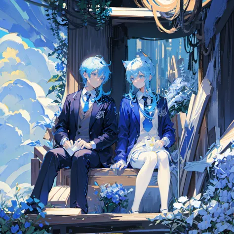 a cat man, short white and blue hair, wearing a black jacket and tie, sitting in the flower garden, bust upppp