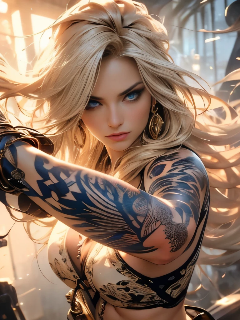 masterpiece, medium full shot, an ultra hot gorgeous European woman. Age 23. (golden hairs), (beautiful blue seductive eyes), (tribal tattoo on hands), White, Orange and Blue colors, Foggy background, Graceful pose, (looking at viewer), (front view),(bokeh:1.2)