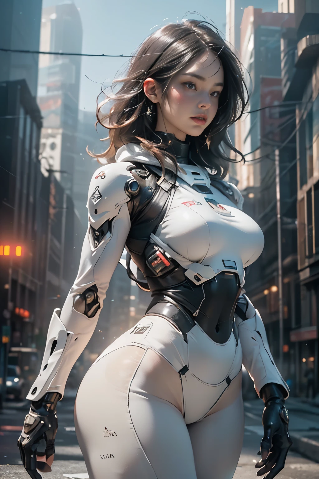 ((best quality)), ((masterpiece)), ((realistic)), (detailed), (photorealistic:1.5), a futuristic girl, (thick body), (white bodysuit), lights on armor, cybernetic headwear, looking at viewer, dynamic pose, post apocalyptic, destroyed city background, buildings on fire, science fiction, hdr, ray tracing, nvidia rtx, super-resolution, unreal 5, subsurface scattering, pbr texturing, post-processing, anisotropic filtering, depth of field, maximum clarity and sharpness, rule of thirds, 8k raw, (luminescent particles:1.4), (extremely detailed cg, unity 8k wallpaper, 3d, cinematic lighting, lens flare), reflections, sharp focus, cyberpunk art, cyberpunk architecture,