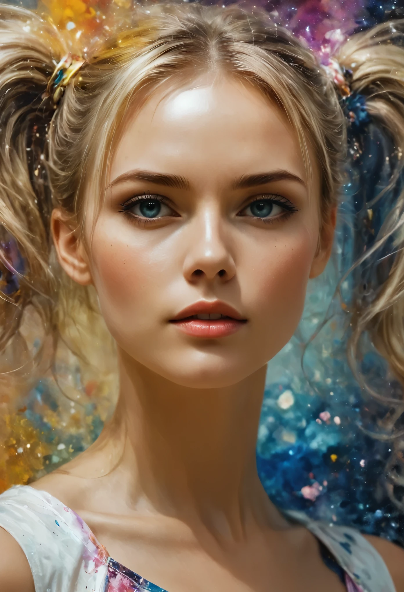 (Best quality, watercolor painting, colorful, sharp focus), (full body, wide angle shot), Drawing of Supermodel English Beauty. Blonde hair, ((twin tails hairstyle):1.2), ((fresh)), golden ratio face, perfect face, (attractive body), (fashion model body), ,Jackson Pollock action painting, kinetic expression, colorful hair, (Splash and Drip Art Minimalism:1.1), van gogh star moon sky background, studio, style painting magic. | (perfect_composition, perfect_design, perfect_layout, perfect_detail, ultra_detailed)), ((enhance_all, fix_everything)), More Detail, Enhance.
