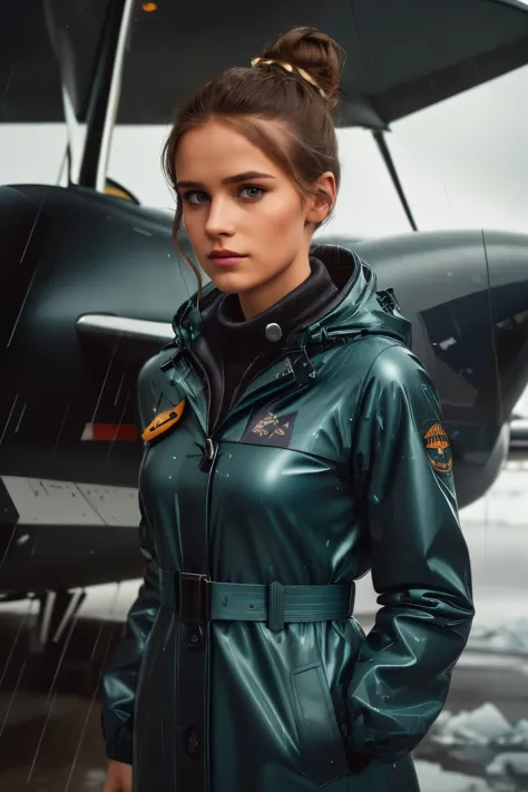 ((high definition)), ((full body)) press photography, ((aviator))((wearing open rain coat)), ((Lockheed Vega 5B in the arctic)),...