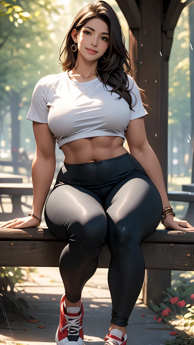 Pretty Caucasian (female), Sarah Shahi, a slim but muscular body, wearing a T-shirt that shows her underboob, smile, at forest, rain, wearing low rise leggings, sneakers, huge perky breasts, thick thighs, curvy figure, sitting 