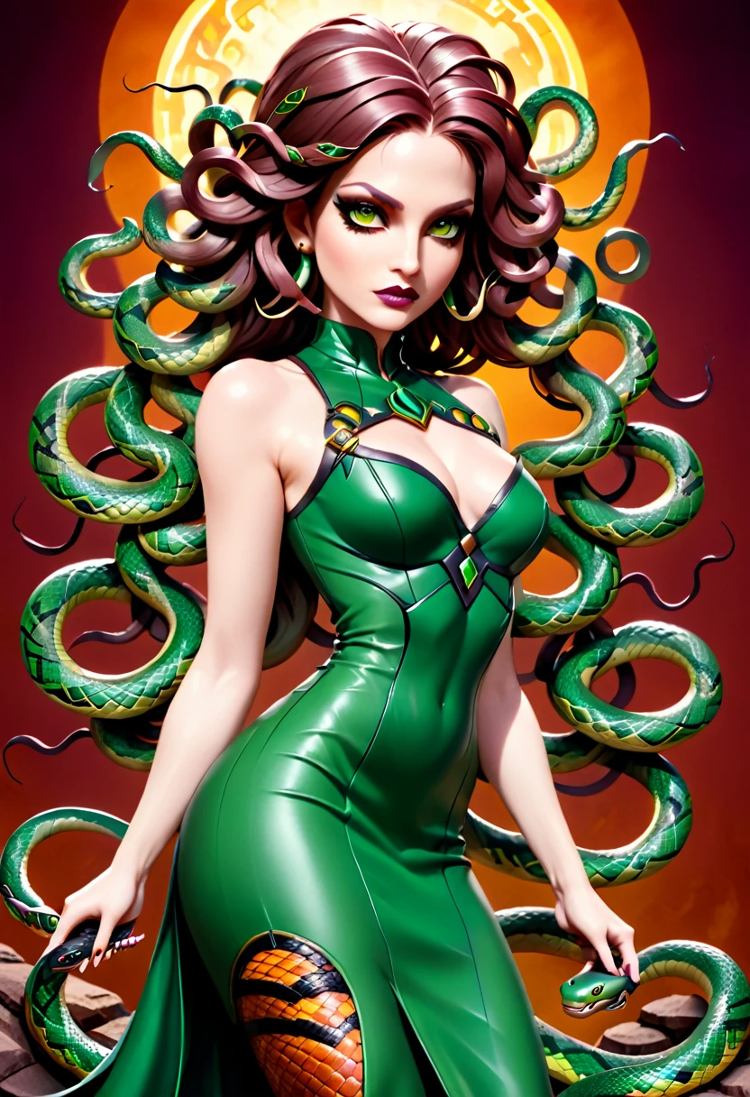 dark fantasy art a medusa having snake twin tails, a most beautiful medusa, reptilian eyes, pale skin, having twin snake braids, ((only two braids made from living snakes: 1.3)) on the medusa head, she wears intricate leather dress, thigh high heeled boots, modern bar background,  dynamic range, vibrant, Ultra-high resolution, High Contrast, (masterpiece:1.5), highest quality, Best aesthetics), best details, best quality, highres, ultra wide angle, 16k, [ultra detailed], masterpiece, best quality, (extremely detailed), Intense Gaze, Medusa, sn4k3h41r, snake hair,