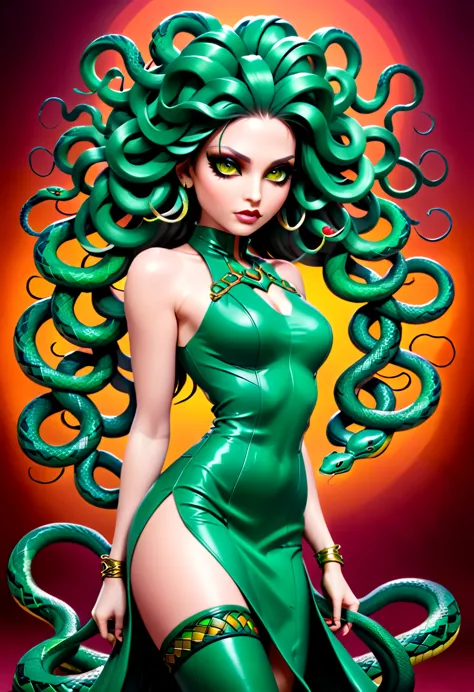 dark fantasy art a medusa having snake twin tails, a most beautiful medusa, reptilian eyes, pale skin, having twin snake braids,...