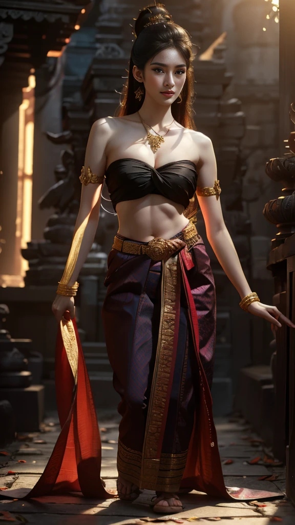 Beautiful girl, Thai female warrior, walking in a Thai temple, dynamic pose, Thai chat outfit, strapless shirt, long hair, black eyes, abdominal muscles, thin body, round chest. (Big breasts:1.3) Small cleavage, thighs, long legs, morning sun, staring at the viewer. (sexy pose) ((face details)) Double eyelid, finished, realistic, masterpiece, highest quality, lens flare, shadow, old temple, temple [ [Chromatic aberration]], โดย Jeremy Lipking, by Antonio J... Manzanedo, Digital Painting, HDR, high contrast, Covered with a long, thin sash., Beautiful shape,