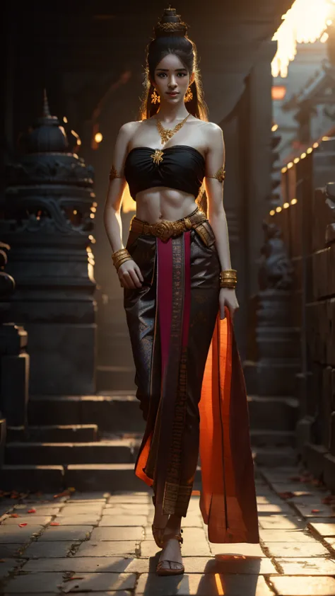 Beautiful girl, Thai female warrior, walking in a Thai temple, dynamic pose, Thai chat outfit, strapless shirt, long hair, black...