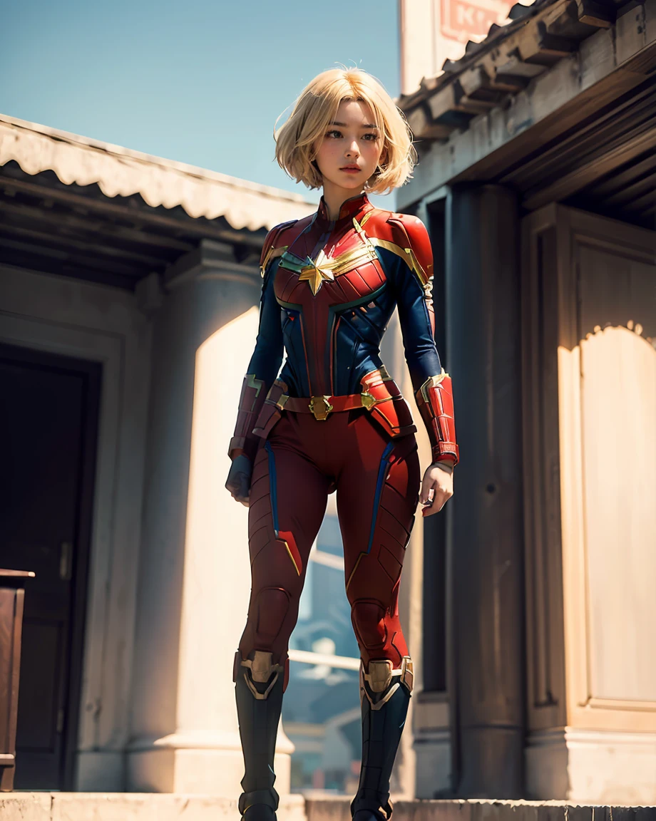 full body shot of kathwin:1,side lighting,(short pixie hair:1.3),rim lighting on hair, shallow sharp depth of field, feminine heroic,(curvy:1.4), (highly detailed), (Award winning), (Masterpiece), movie still, (HDR), (8k wallpaper),captain marvel suit,flying,sky background,female focus 