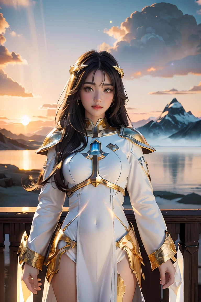 ((masterpiece, best quality, extremely detailed), volumetric lighting, ambient occlusion, colorful, glowing), 1girl, solo, young girl, (dark hair), long hair, halo, aura, sacred, goddess, cleric suit, (white outfit with gold detailst:1.3), armor, outdoors, sunset, sky, clouds, space, (fantasy theme:1.2), full armor