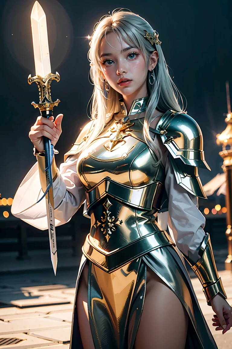 (masterpiece, best quality), A paladin holding a light-infused sword, light magic, divine, mage aura, silver and gold, 4k, dark cityscape, Fujifilm