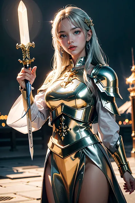 (masterpiece, best quality), A paladin holding a light-infused sword, light magic, divine, mage aura, silver and gold, 4k, dark ...